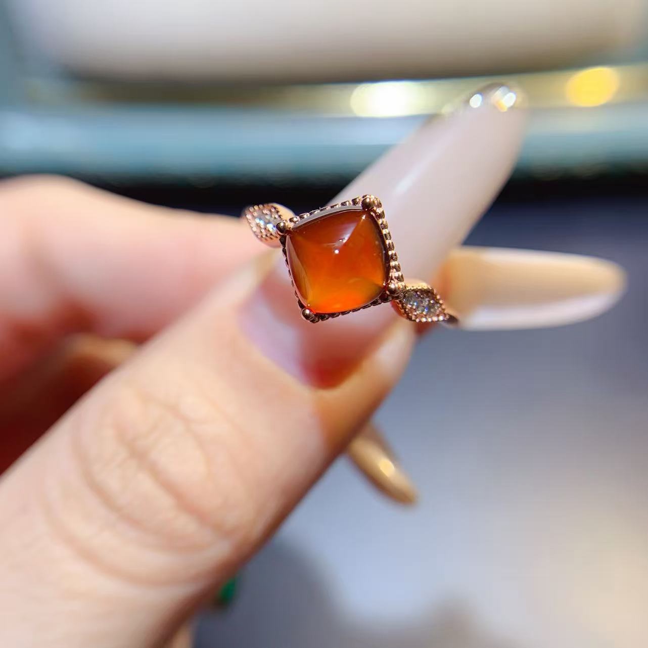 新款天然芬达石榴石戒指925银镀金镶嵌时尚戒指主石枕7*7MM小众款