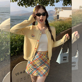 汤圆不圆 复古高腰显瘦短裙 黄色格纹a字裙女夏外穿多巴胺穿搭美式