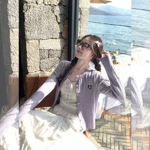 汤圆不圆 紫色针织开衫外套女2025新款春秋毛衣独特漂亮初春上衣