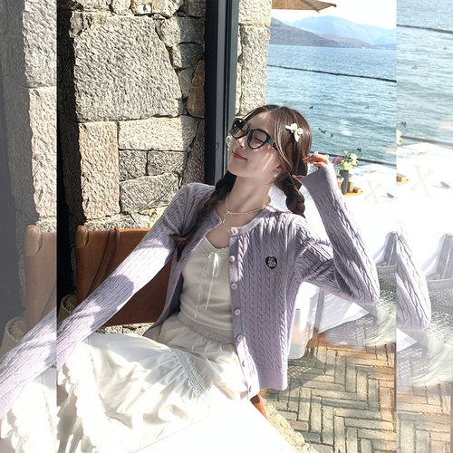 汤圆不圆 紫色针织开衫外套女2025新款春秋毛衣独特漂亮初春上衣