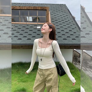 白色长袖 汤圆不圆 2025年新款 女带胸垫内搭秋季 正肩上衣 U领打底衫