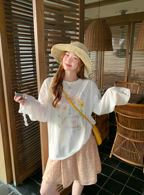 甜米粥 防晒罩衫女夏季薄款2026新款白色宽松休闲韩系印花长袖t恤