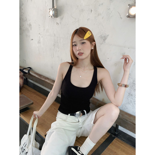 黑色美背吊带文胸一体背心女夏