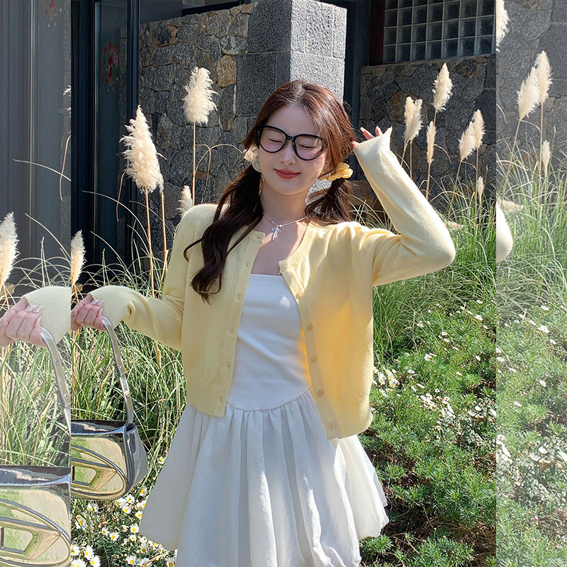 汤圆不圆黄色针织开衫配吊带外搭女2025新款外套开春韩系穿搭上衣