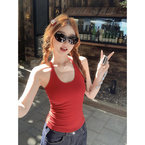 红色挂脖吊带带胸垫女内搭背心夏