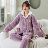 睡衣女冬季 米粒绒三层夹棉袄加厚加绒珊瑚绒可爱法兰绒家居服套装