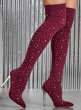 外贸弹力薄款网靴水钻高筒过膝时尚大码细跟靴Lazada Women Boots