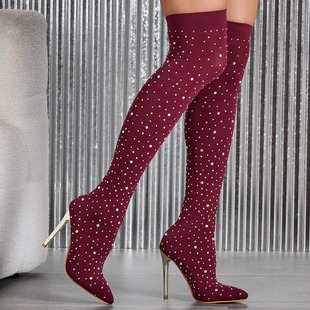 Women 外贸弹力薄款 细跟靴Lazada 大码 Boots 网靴水钻高筒过膝时尚