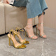 欧美外贸性感时尚 Sandals Women 一字扣带水钻细高跟凉鞋 女Lazada