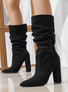 外贸新款粗跟尖头时尚女靴子高跟堆堆靴显瘦靴Lazada Women Boots