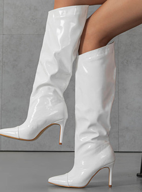 外贸漆皮尖头亮面一脚蹬中筒时尚百搭大码女靴Lazada Women Boots