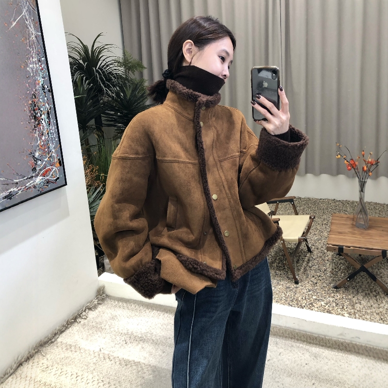 2025冬季麂皮绒皮毛一体外套女新款小个子两面穿短款加厚机车棉服