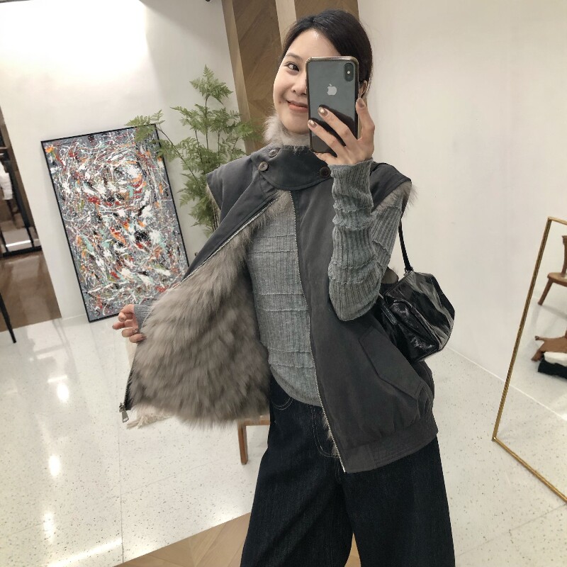 经典老钱风高级双面穿真毛狐狸毛水波纹皮草马甲女式短款立领气质