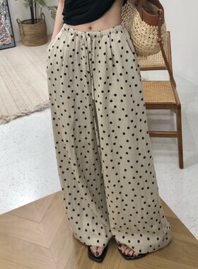 2026夏季新品珍珠奶茶波点天丝亚麻裤松紧腰抽绳奶奶裤显瘦休闲裤