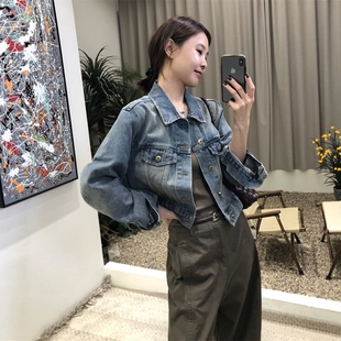 復(fù)古水洗溜肩牛仔外套女2025秋季 夾克上衣 寬松休閑百搭小個(gè)子短款