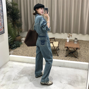 2023秋季韩版复古工装阔腿牛仔连体裤女时髦减龄收腰宽松连体衣