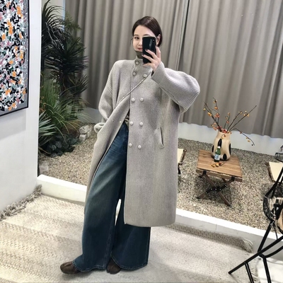 2025秋冬全羊毛毛衣外套女长款慵懒风宽松加厚高级感立领针织开衫