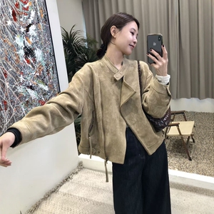 2025年秋季新款韩系复古立领斜拉链麂皮绒夹克外套女宽松显瘦上衣