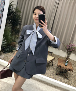 2024春韩版蝴蝶结拼接衬衫西装半裙套装女宽松休闲西服裙裤两件套