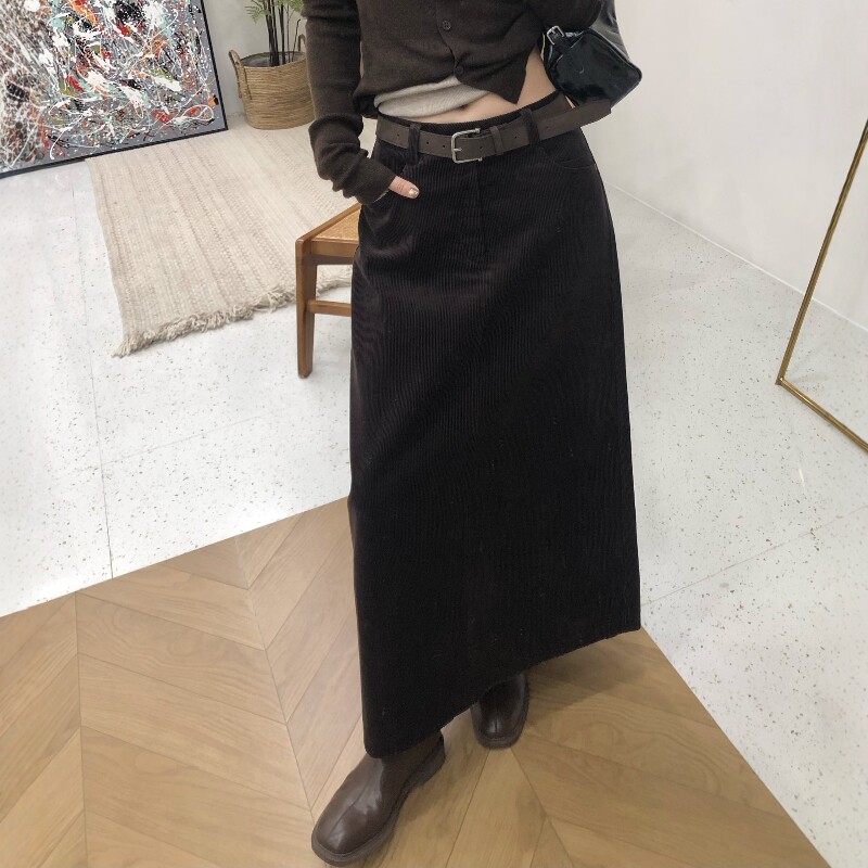 高品质复古咖色开叉灯芯绒半身裙女秋冬新修身A字直筒长裙配腰带