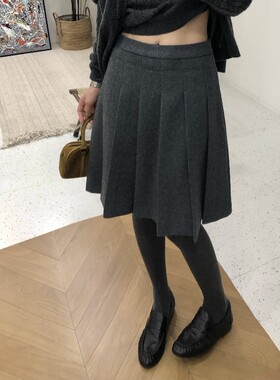 2026法式复古羊毛毛呢百褶半身裙女秋季灰色直筒显瘦宽松a字裙子
