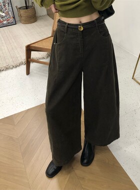 韩式老钱风条绒阔腿九分裤女