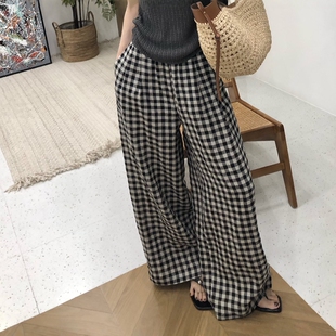 纯亚麻色织棋盘格黑白格纹复古松紧腰垂坠显瘦直筒阔腿休闲长裤女