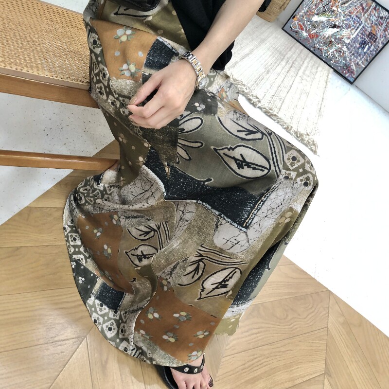 治愈系植物印花拼布艺术感碎花半身裙廓形垂感A字紧腰文艺半身裙