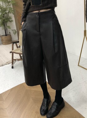 秋冬黑色老钱风宽松阔腿皮裤女