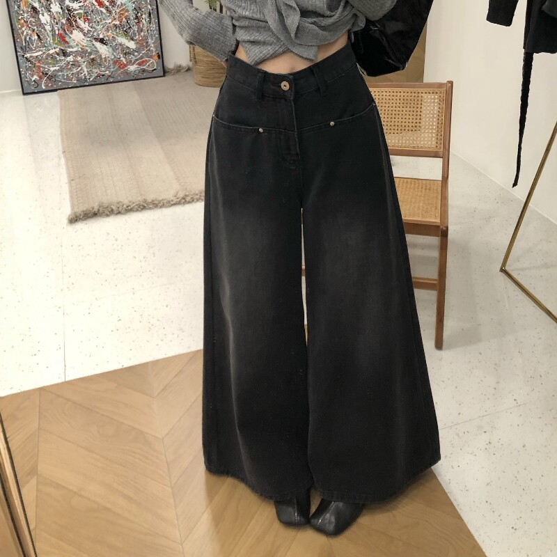 春季新款烟黑色阔腿牛仔裤女大码胖mm宽松显瘦梨形身材a字直筒裤