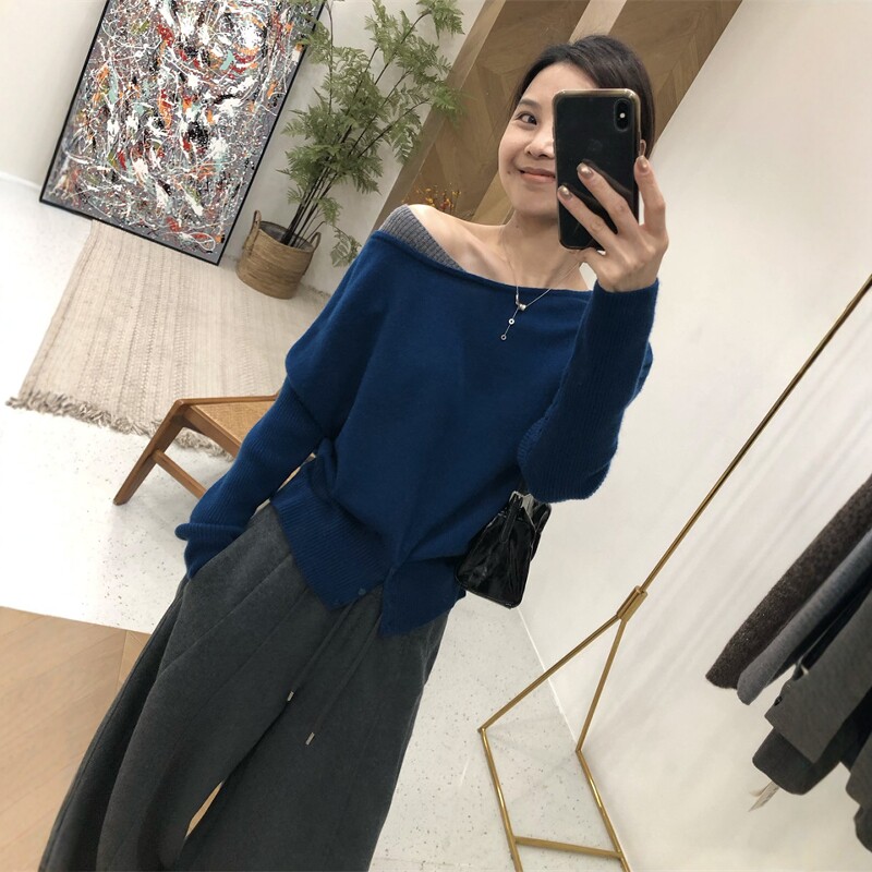 2026秋季新款100羊毛拼色斜领露肩长袖针织衫女百搭显瘦时尚上衣