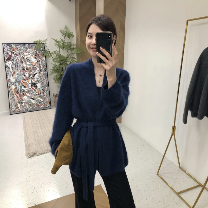 V领拉绒开衫女秋冬新款纯色系带收腰毛衣宽松休闲羊毛针织衫外套
