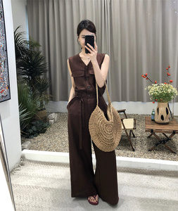 韩版气质无袖亚麻连体裤女2024夏季高腰绑带显瘦休闲棉麻阔腿长裤