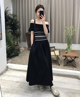 弹力一字肩条纹黑色连衣裙女设计感拼接长裙 新款 2024夏季 韩版