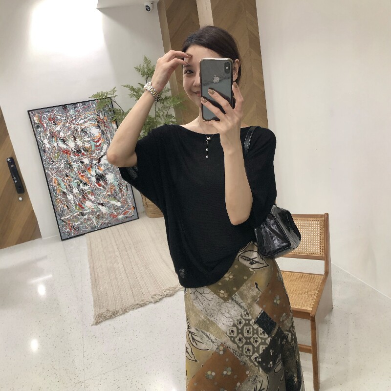2026夏季莱赛尔天丝针织蝙蝠衫女一字领宽松半袖气质上衣T恤薄款