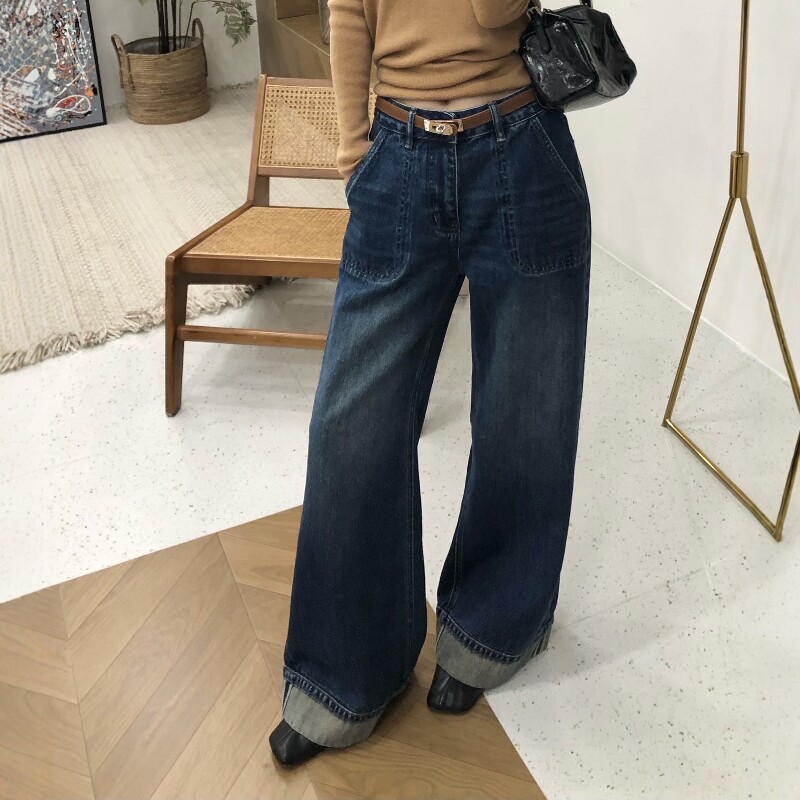 秋冬高腰显瘦复古做旧阔腿牛仔裤
