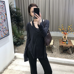 大U领T恤两件套女2025秋挂脖背心宽松百搭上衣套装 莱赛尔天丝长袖