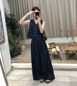 高级感老钱风时尚亚麻套装女2024夏西装V领马甲上衣阔腿裤两件套