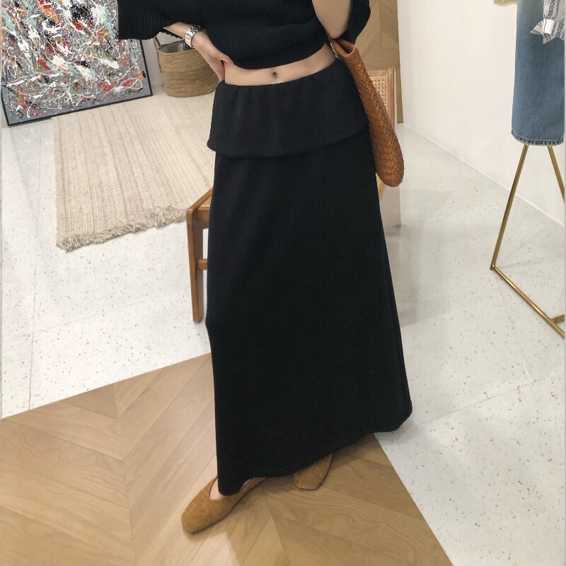 2026春夏韩系设计感黑色假两件屁帘拼接A字半身裙女高腰百搭长裙