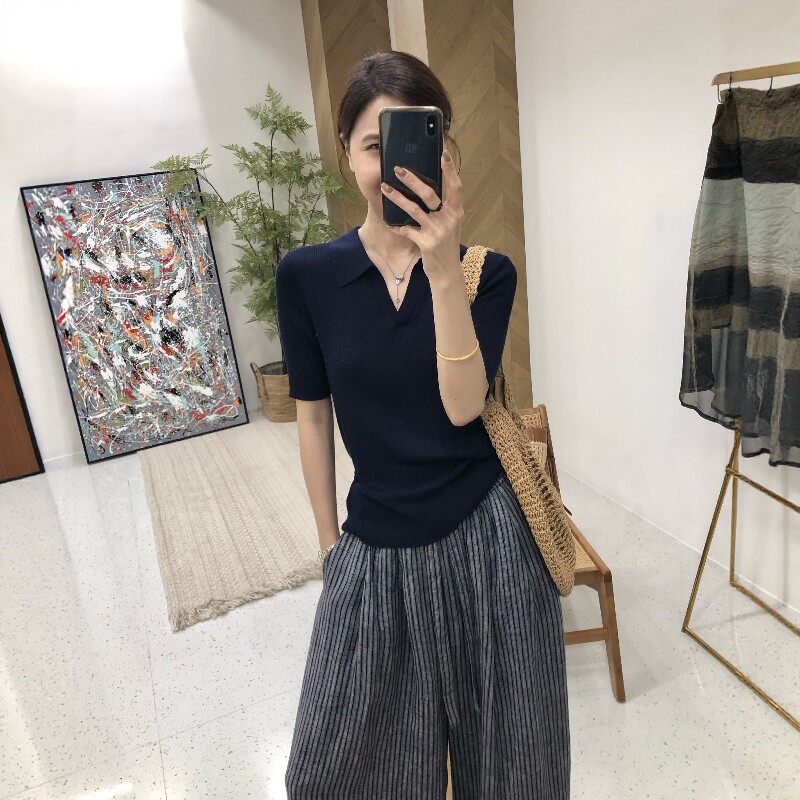 2026夏季新款天丝桑蚕丝混纺高级感POLO针织薄款短袖V领T恤上衣女