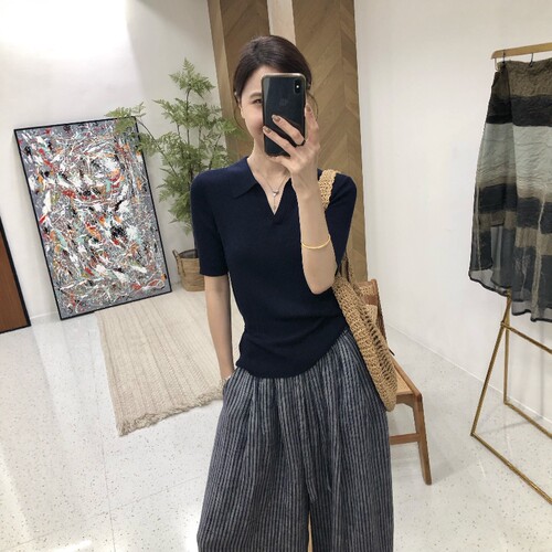 2026夏季新款天丝桑蚕丝混纺高级感POLO针织薄款短袖V领T恤上衣女