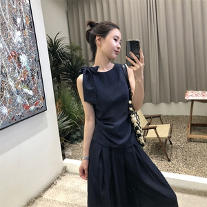 韩系无袖绑带上衣套装女2025夏季斜肩天丝亚麻背心半身裙裤两件套