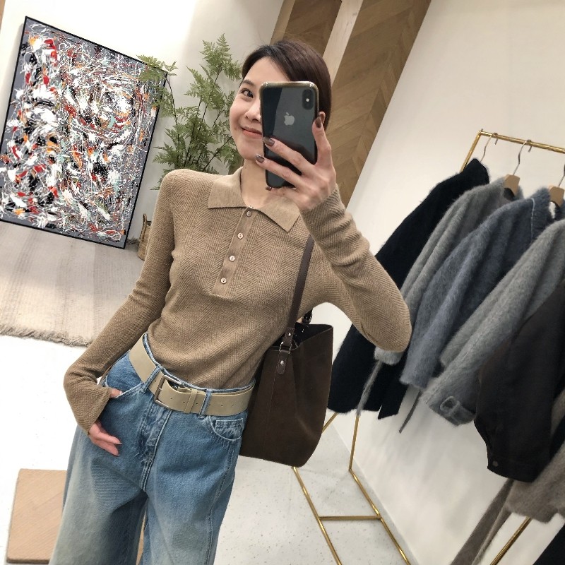 2025韩系polo领松修身针织毛衣女春秋冬季简约慵懒打底衫内搭上衣