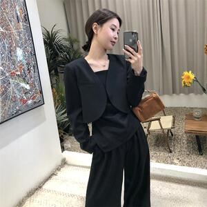 2025法式不规则背心女性感吊带短款西装上衣高腰休闲阔腿裤三件套