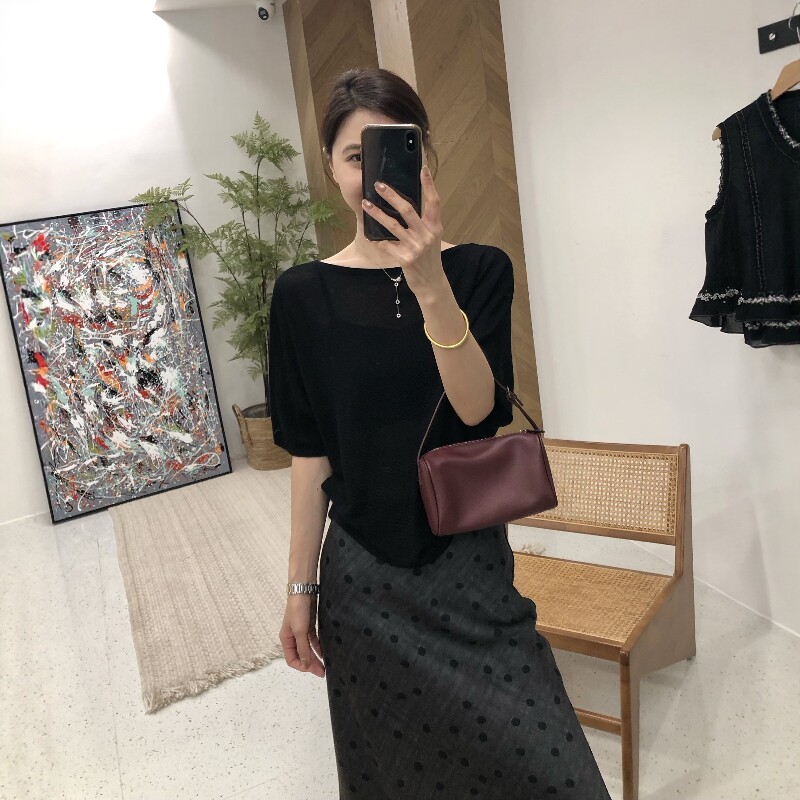 2026夏季莱赛尔天丝针织蝙蝠衫女一字领宽松半袖气质上衣T恤薄款