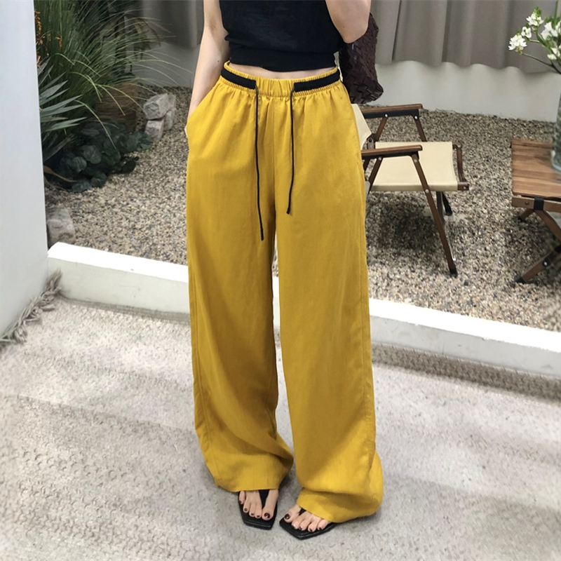2025年夏季新款薄款天丝亚麻抽绳休闲裤女垂感小个子直筒阔腿长裤