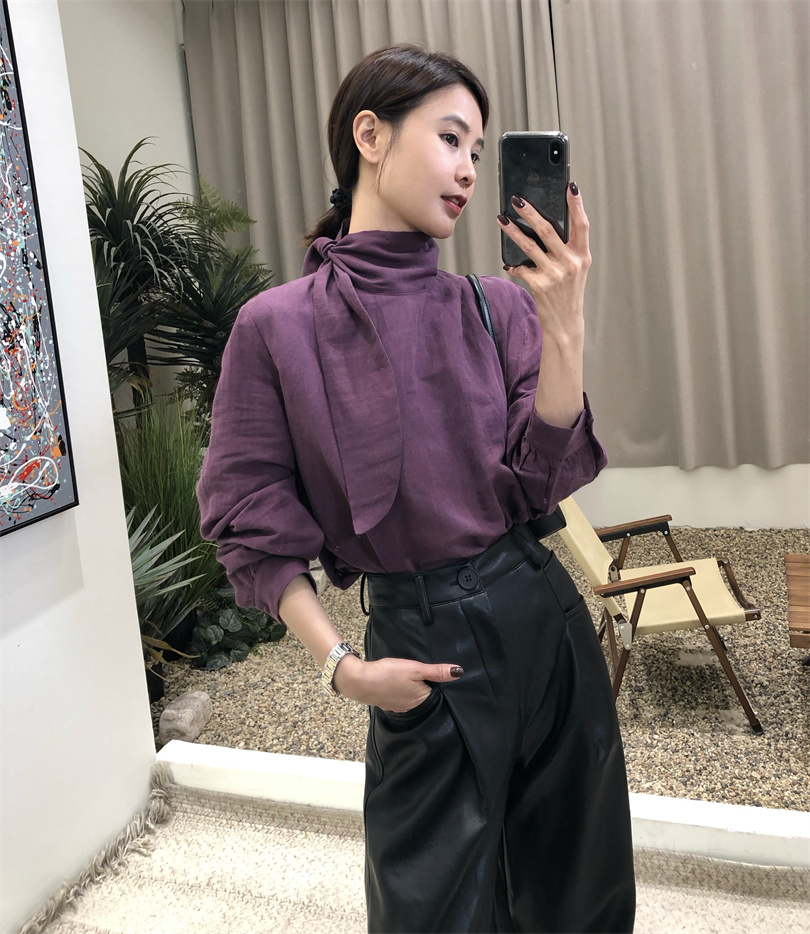 2024春季韩版立领飘带棉麻长袖衬衫女纯色剪刀领内搭叠穿衬衣