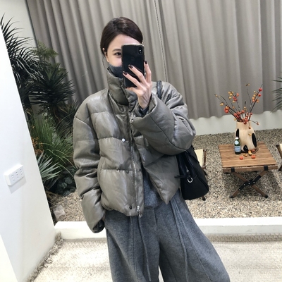 2025冬季新韩系PU蛋白皮短款羽绒服女小个子加厚立领90白鸭绒外套