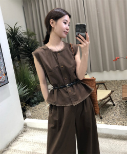 棉麻毛边马甲套装女夏2024新款时尚气质干练无袖上衣阔腿裤两件套