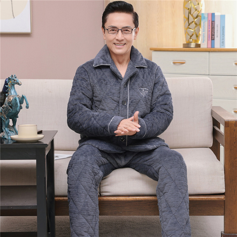 睡衣男冬季加绒加厚三层夹棉珊瑚绒冬款中年保暖法兰绒家居服套装